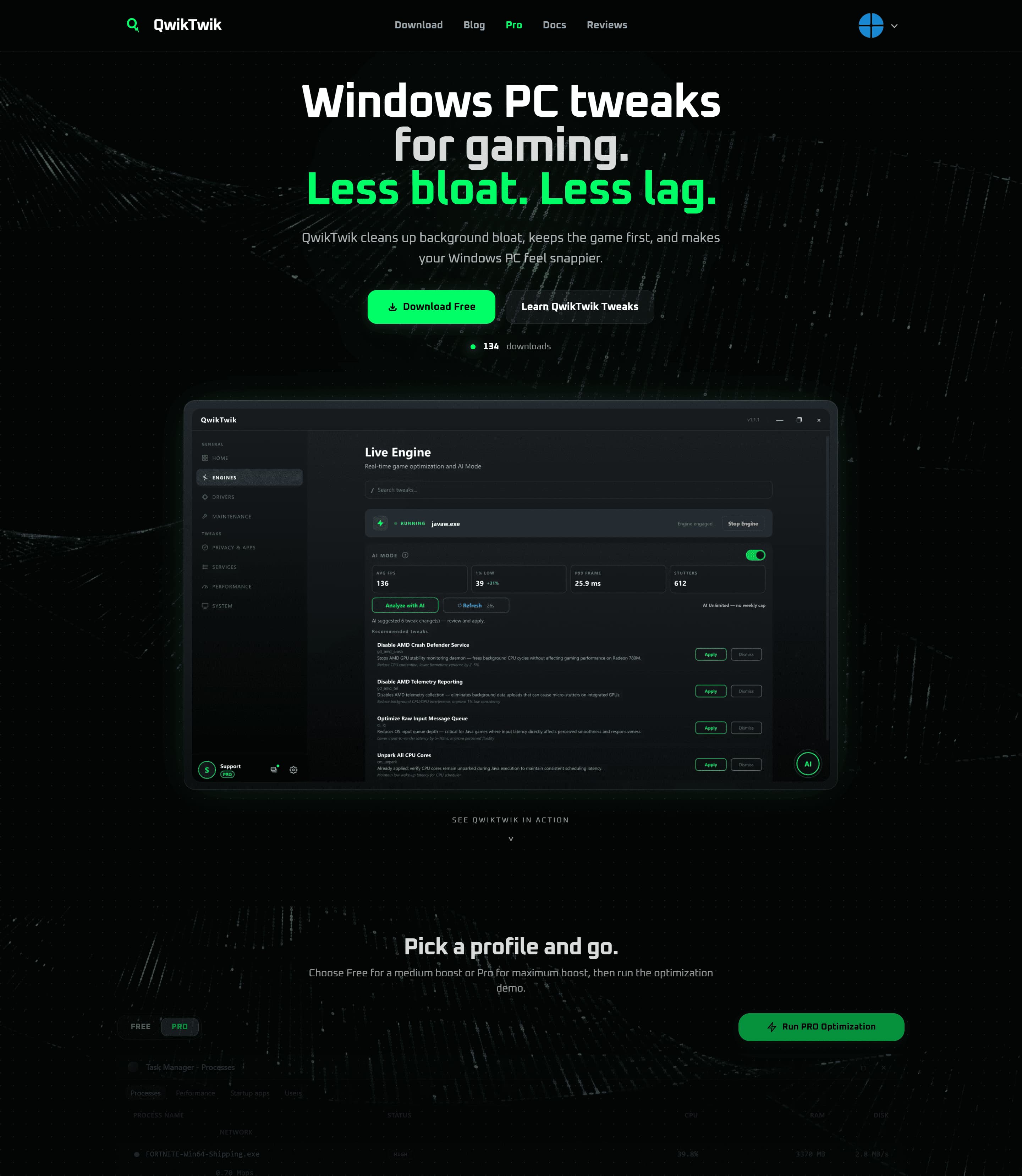 QwikTwik Windows PC gaming optimization product homepage